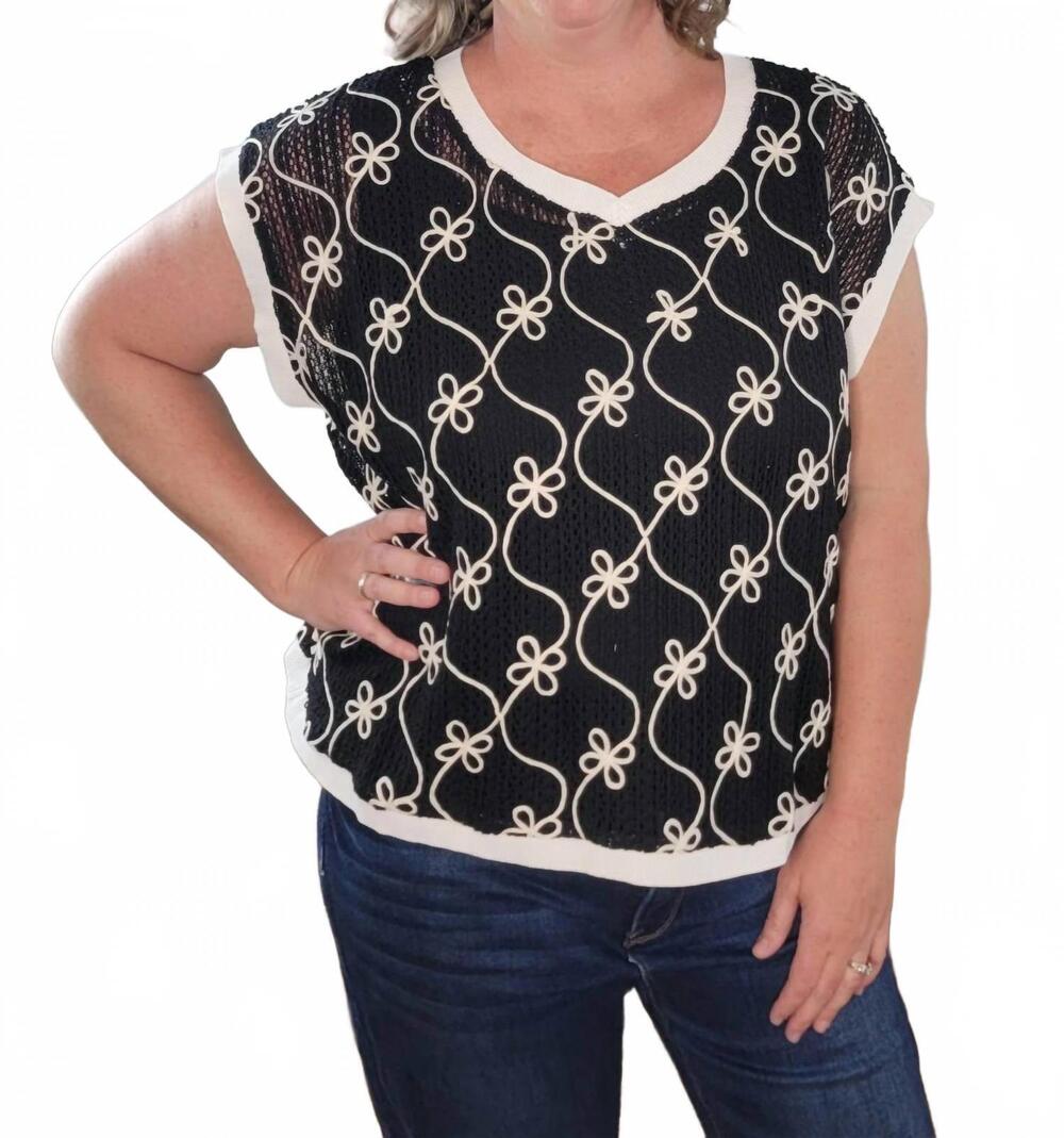 NEW ODDI zoie floral embroidered v-neck top in black
